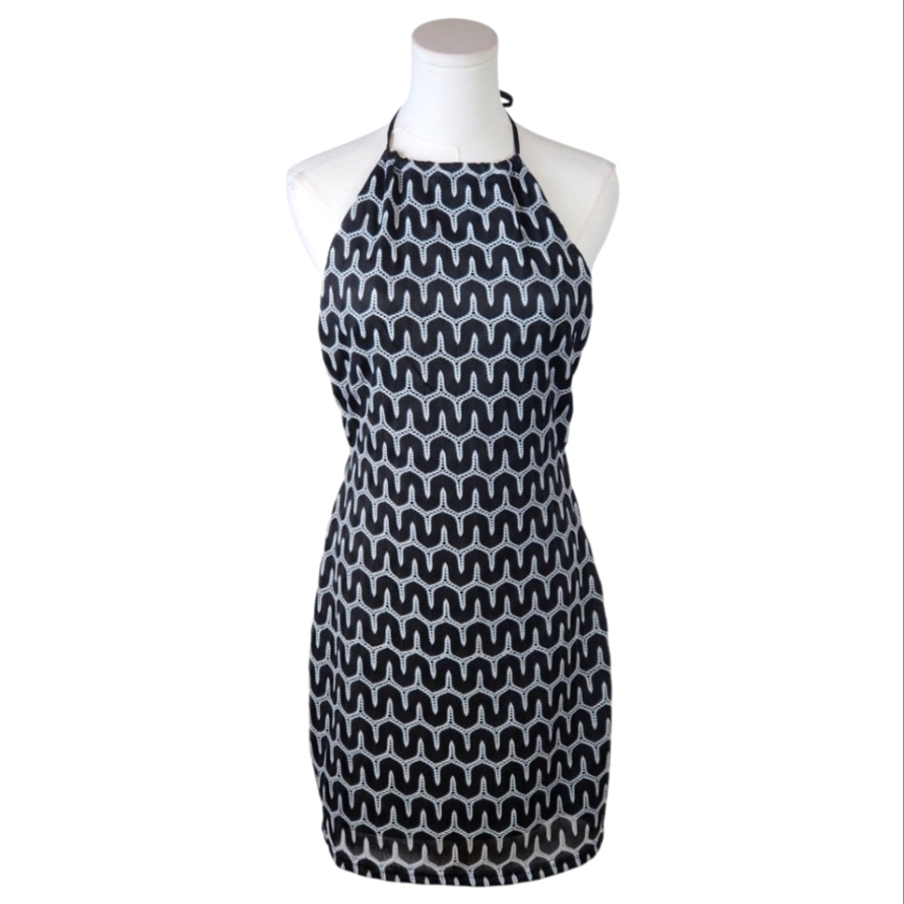 HYFVE Geometric Print Halter Mini Dress M Black White Open Back Y2K Party Look